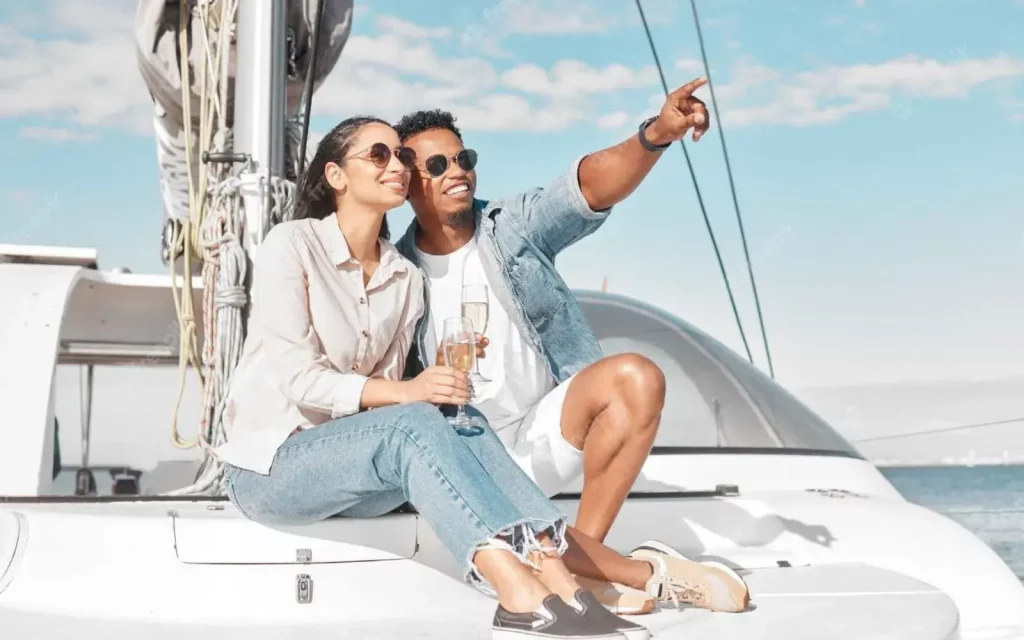 A couple enjoying on a luxury boat ride